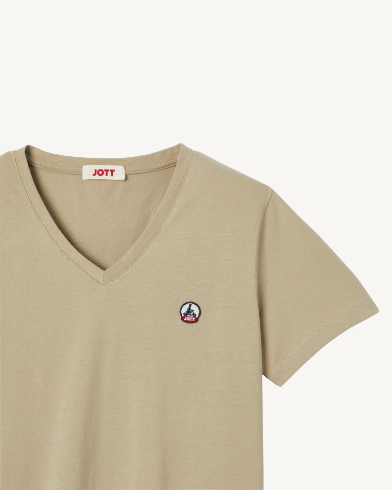 JOTT Cancun Plain V-neck Organic Bomull T-skjorte Dame Beige | OFT-4022