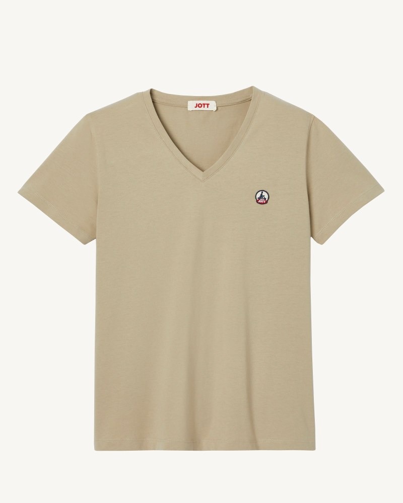 JOTT Cancun Plain V-neck Organic Bomull T-skjorte Dame Beige | OFT-4022