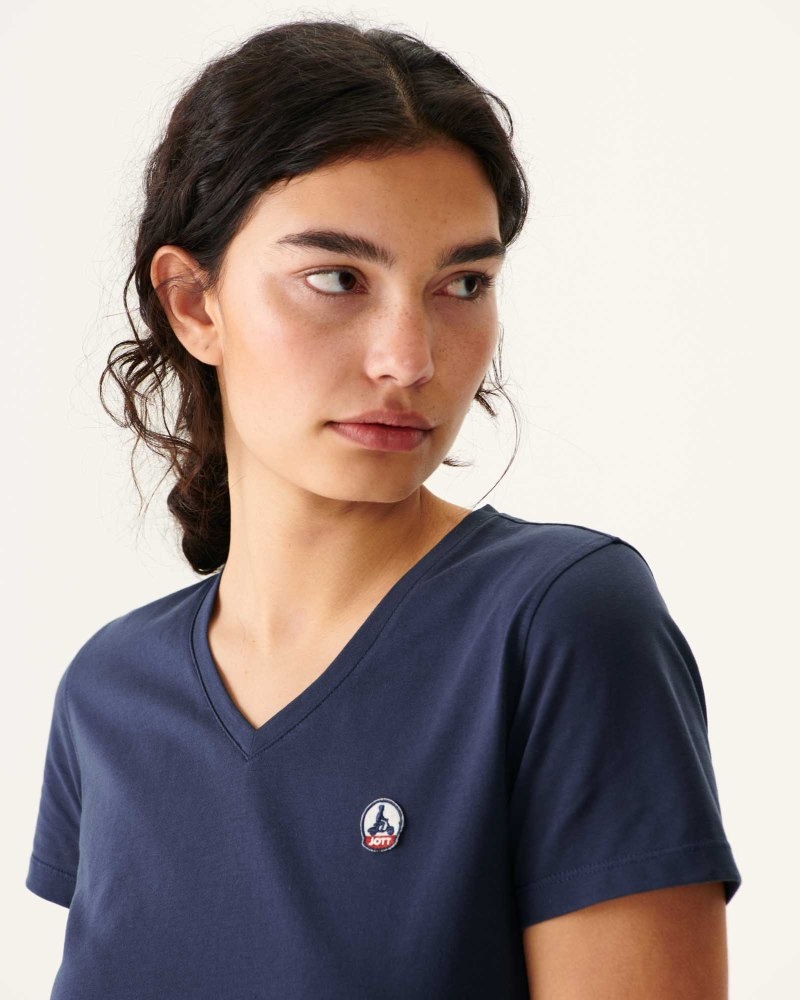 JOTT Cancun Plain V-neck Organic Bomull T-skjorte Dame Marineblå | JXM-2579