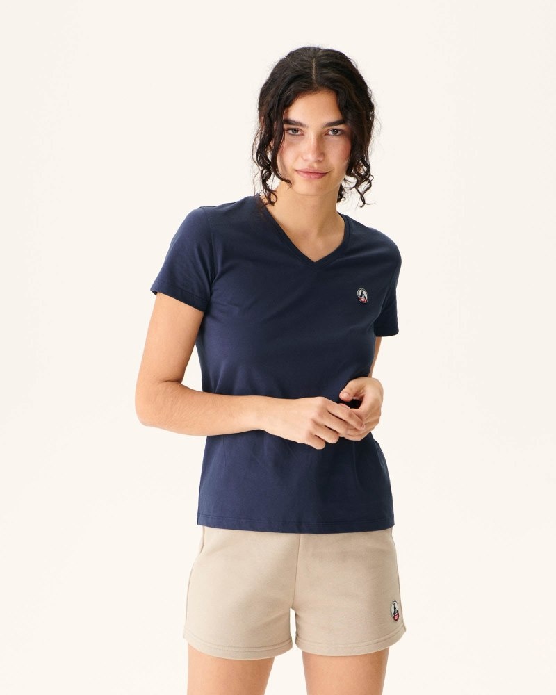 JOTT Cancun Plain V-neck Organic Bomull T-skjorte Dame Marineblå | JXM-2579